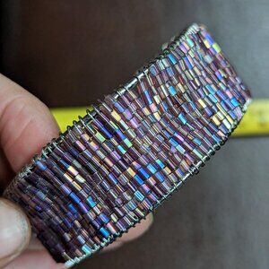 Beautiful Iridescent Bugle Seed Beaded Silver Tone Cuff Bracelet